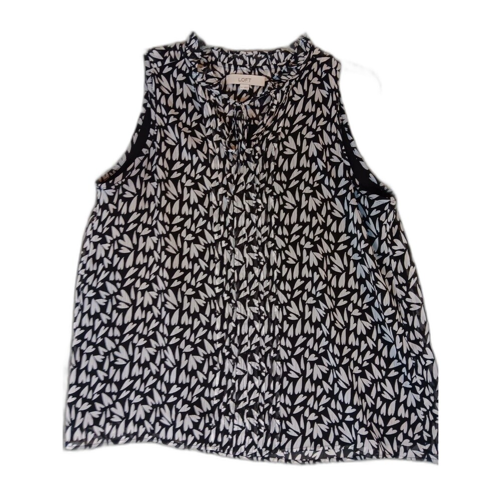 LOFT Heart Pintucked Ruffle Tie Neck Shell, Size Large